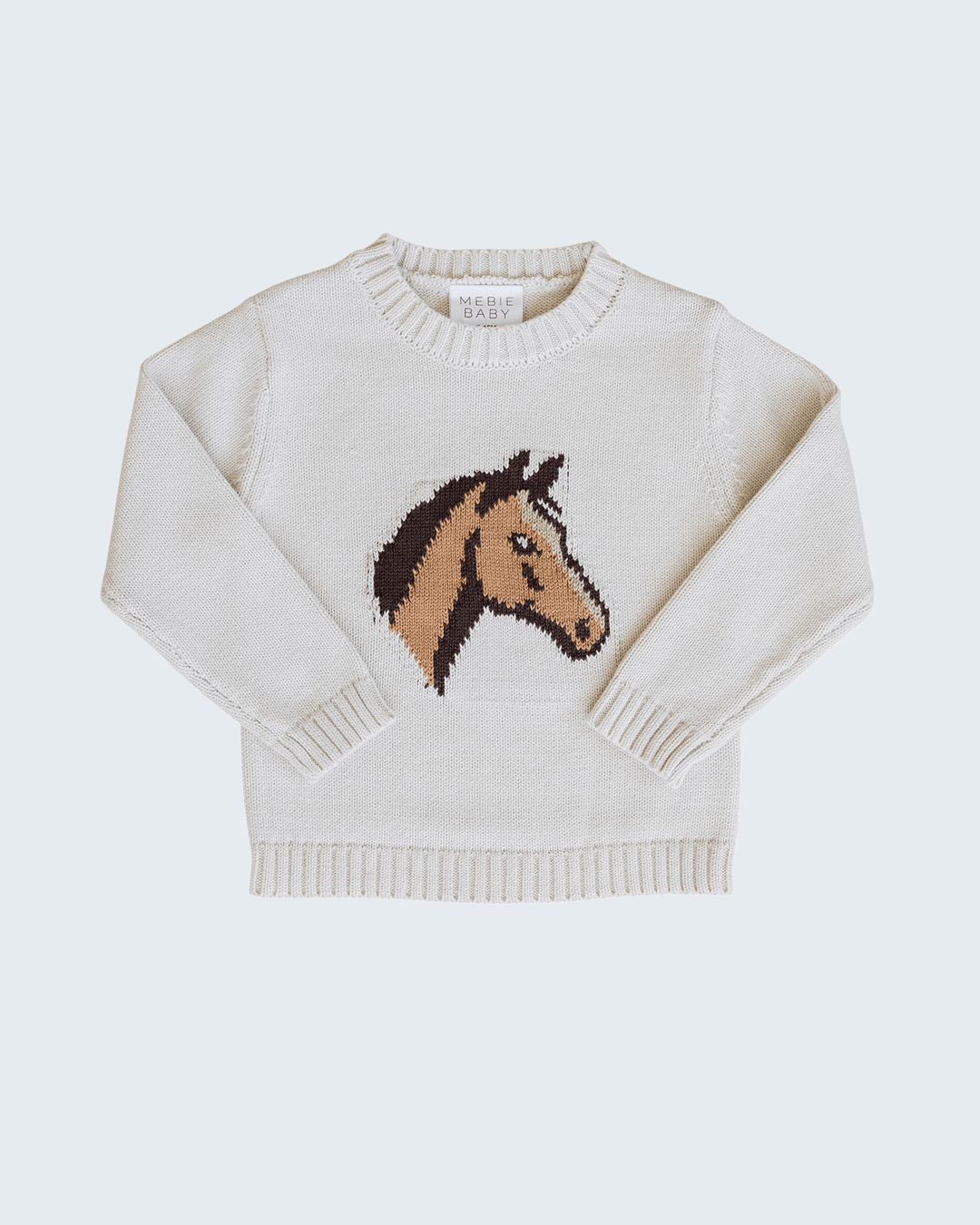 Cream knit sweater with horse face graphic, crew neck and ribbed hem