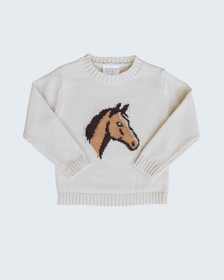 Cream knit sweater with horse face graphic, crew neck and ribbed hem