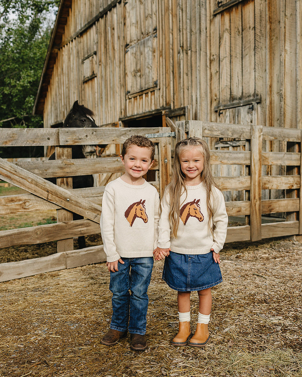 Kids cream knit sweater with horse graphic, crew neck and ribbed cuffs