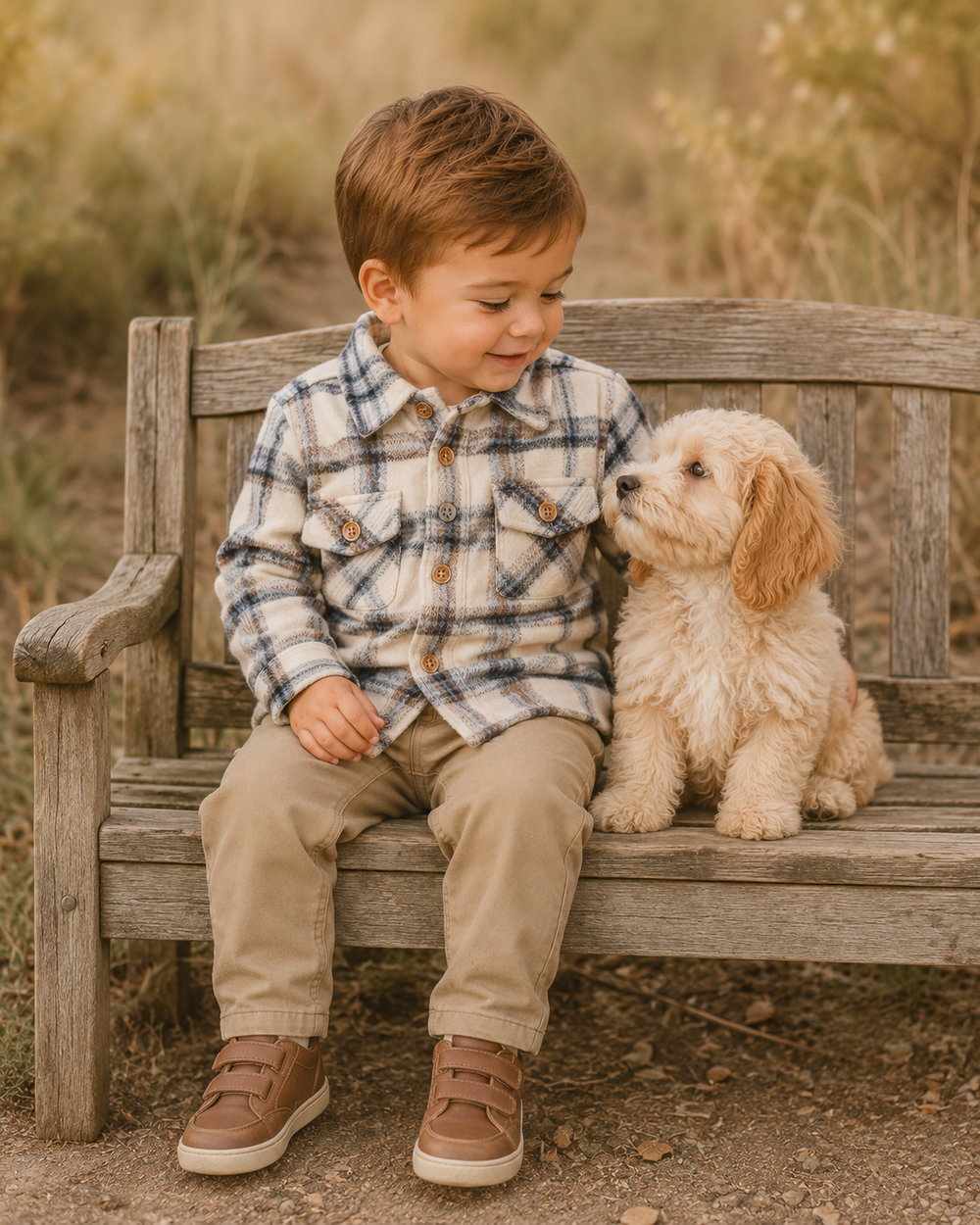 A young boy wearing a beige and navy plaid flannel shirt, khaki pants, and brown shoes sits on a weathered wooden bench next to a small cream-colored puppy in an outdoor setting with warm, golden lighting.