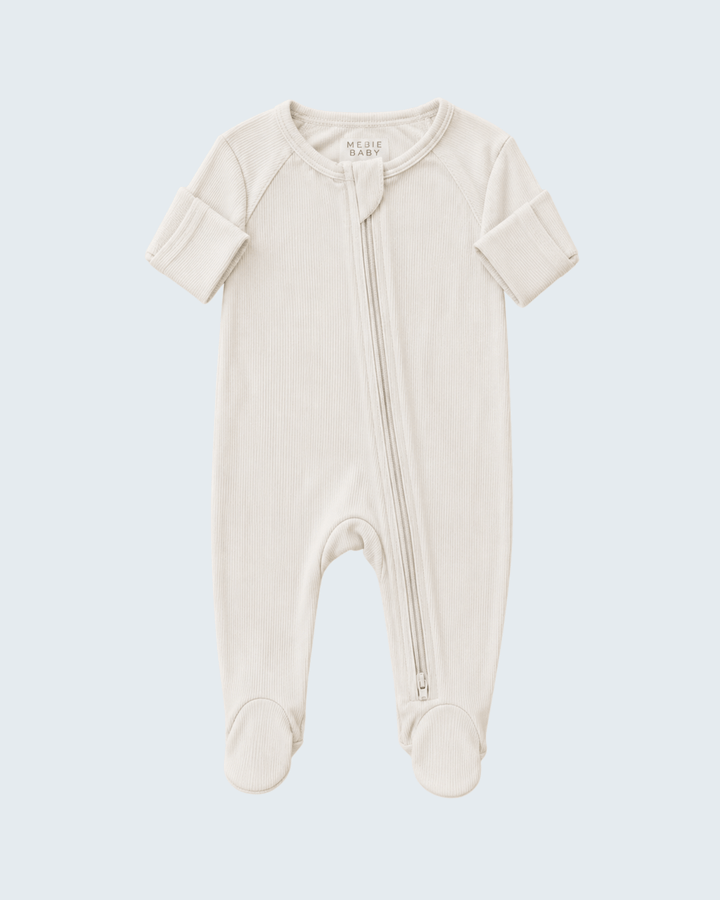 Cream ribbed bamboo zipper romper with long sleeves and full-length front zipper
