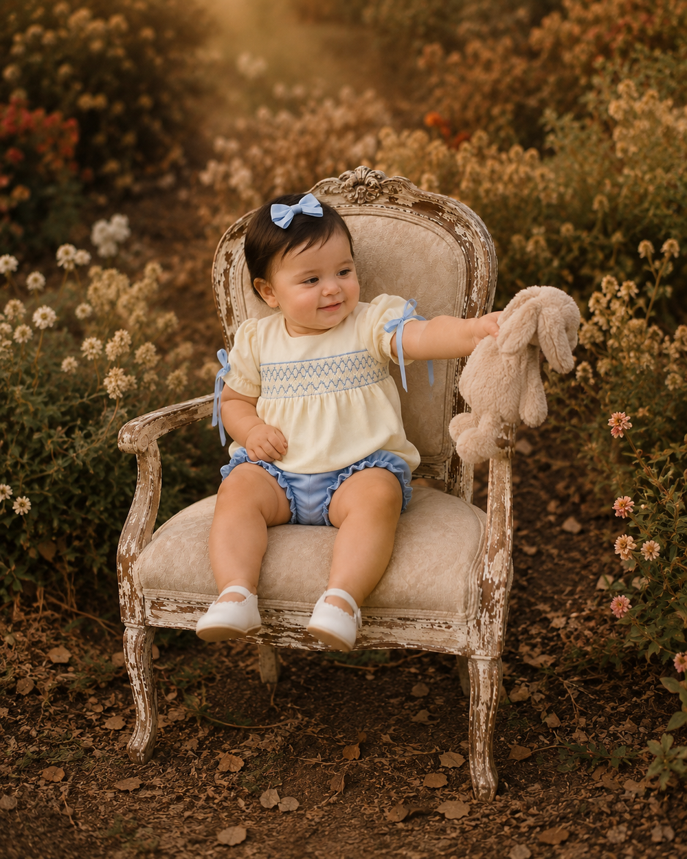 Cream smocked top with blue yoke and matching blue bloomer shorts on baby