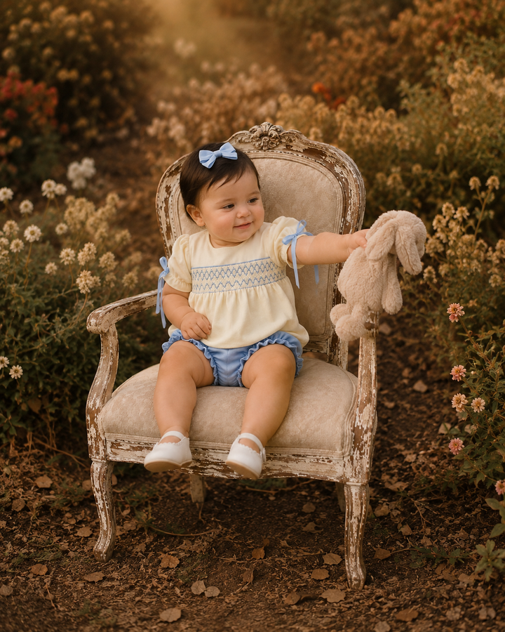 Cream smocked top with blue yoke and matching blue bloomer shorts on baby