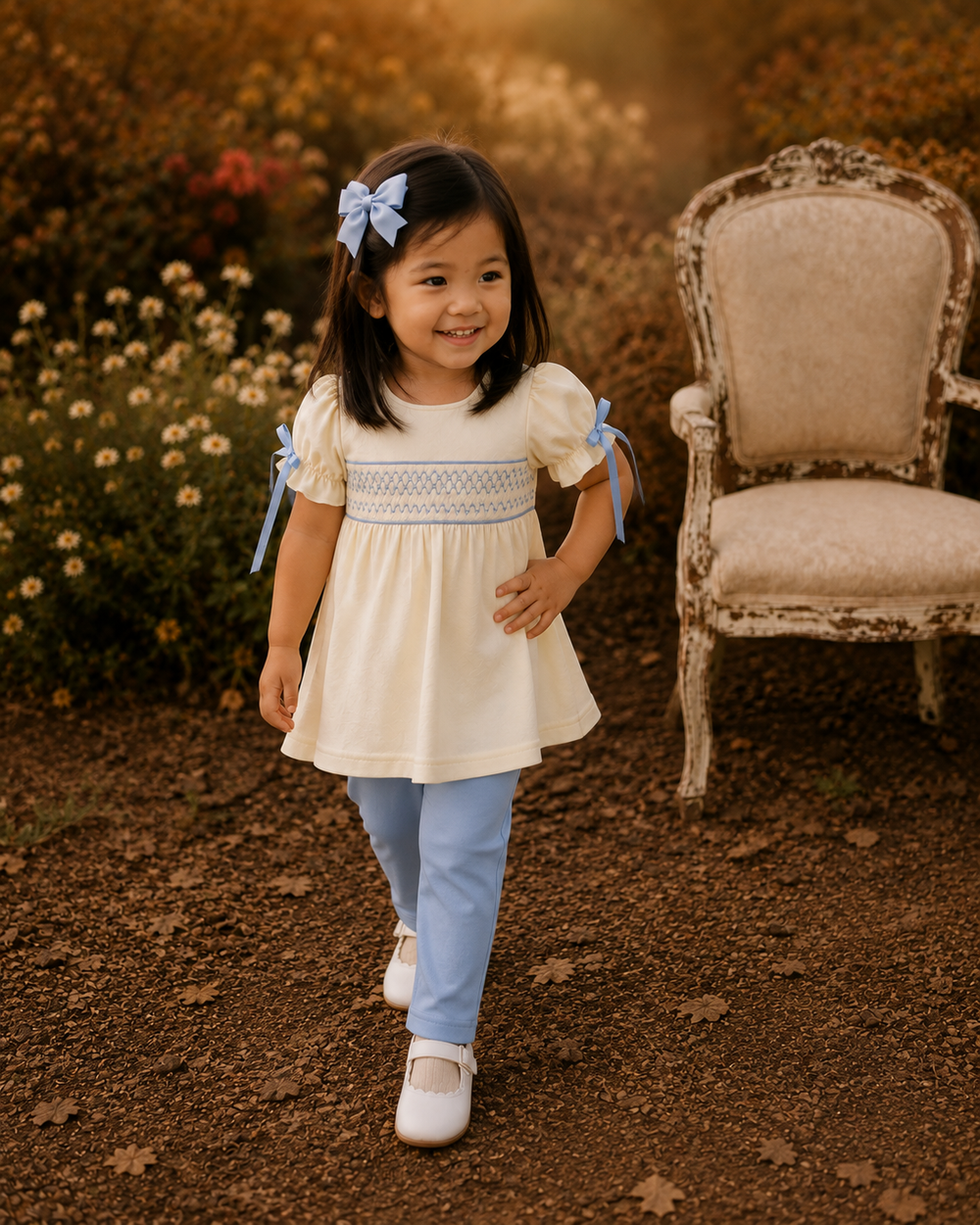 Kids cream smocked bow tunic with ribbon sleeves and matching light blue leggings