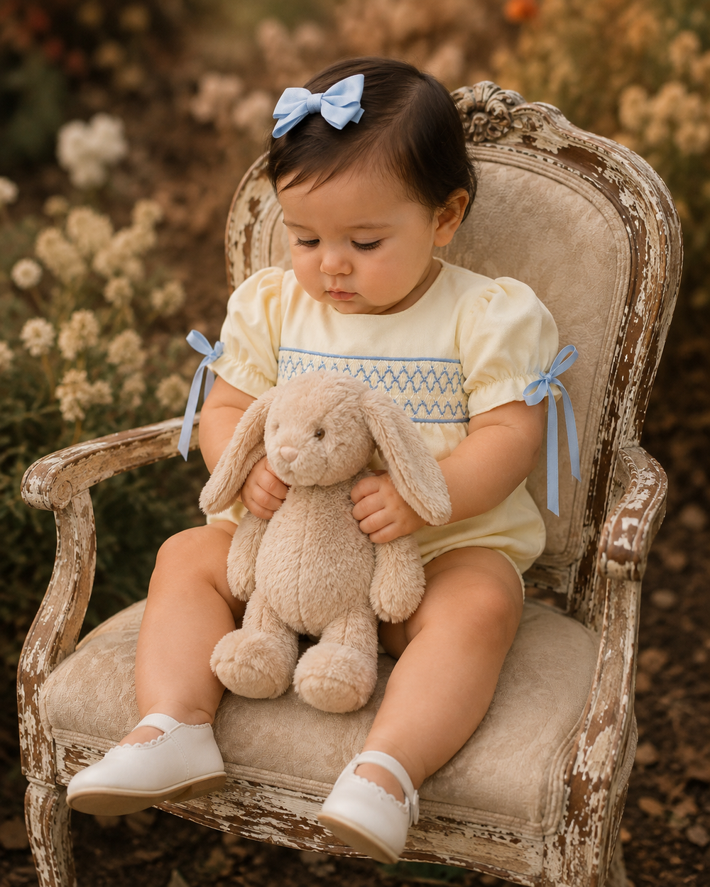 Cream smocked bubble romper with blue embroidery, bow ties at shoulders