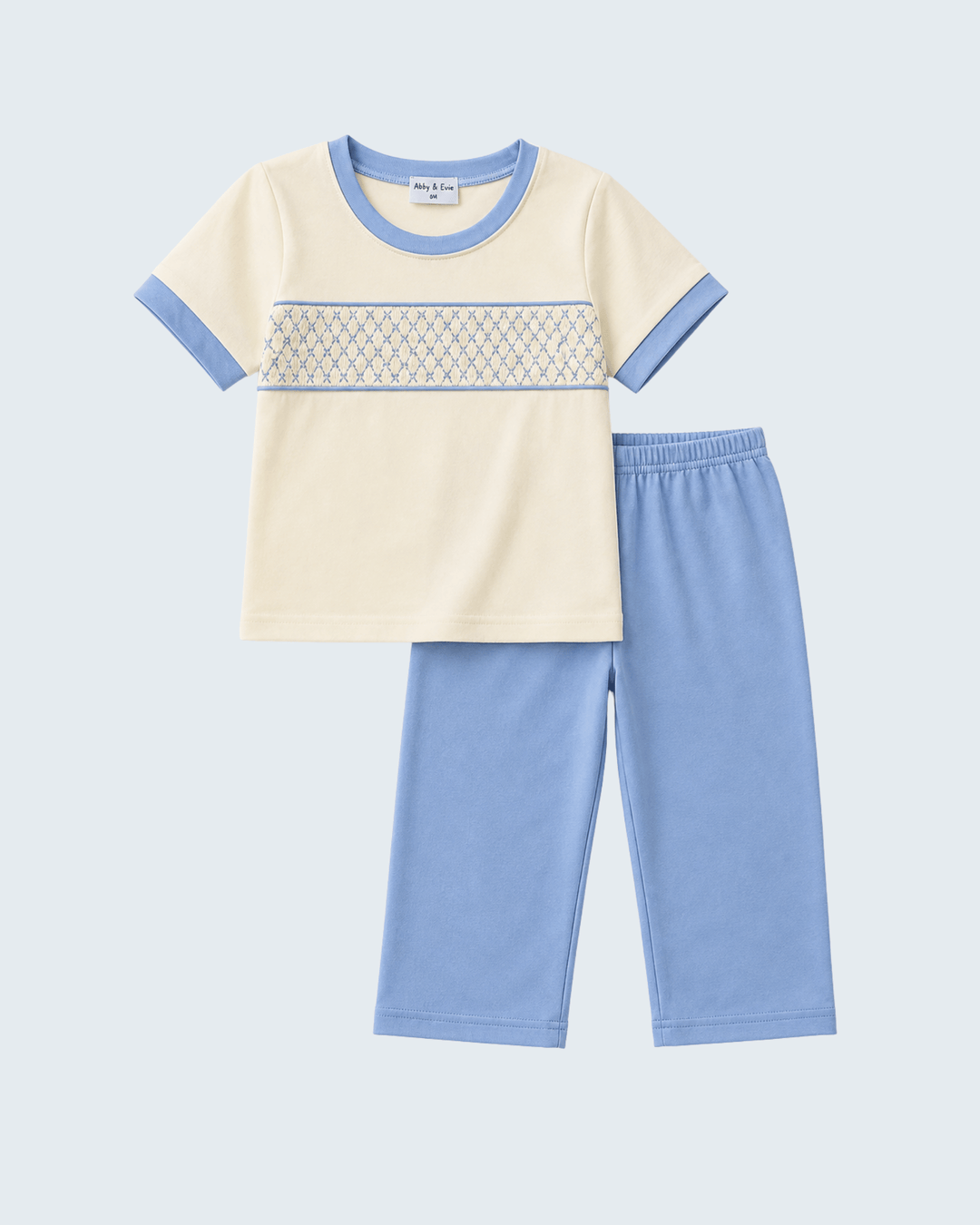Kids' cream and blue smocked top with matching light-blue pants set