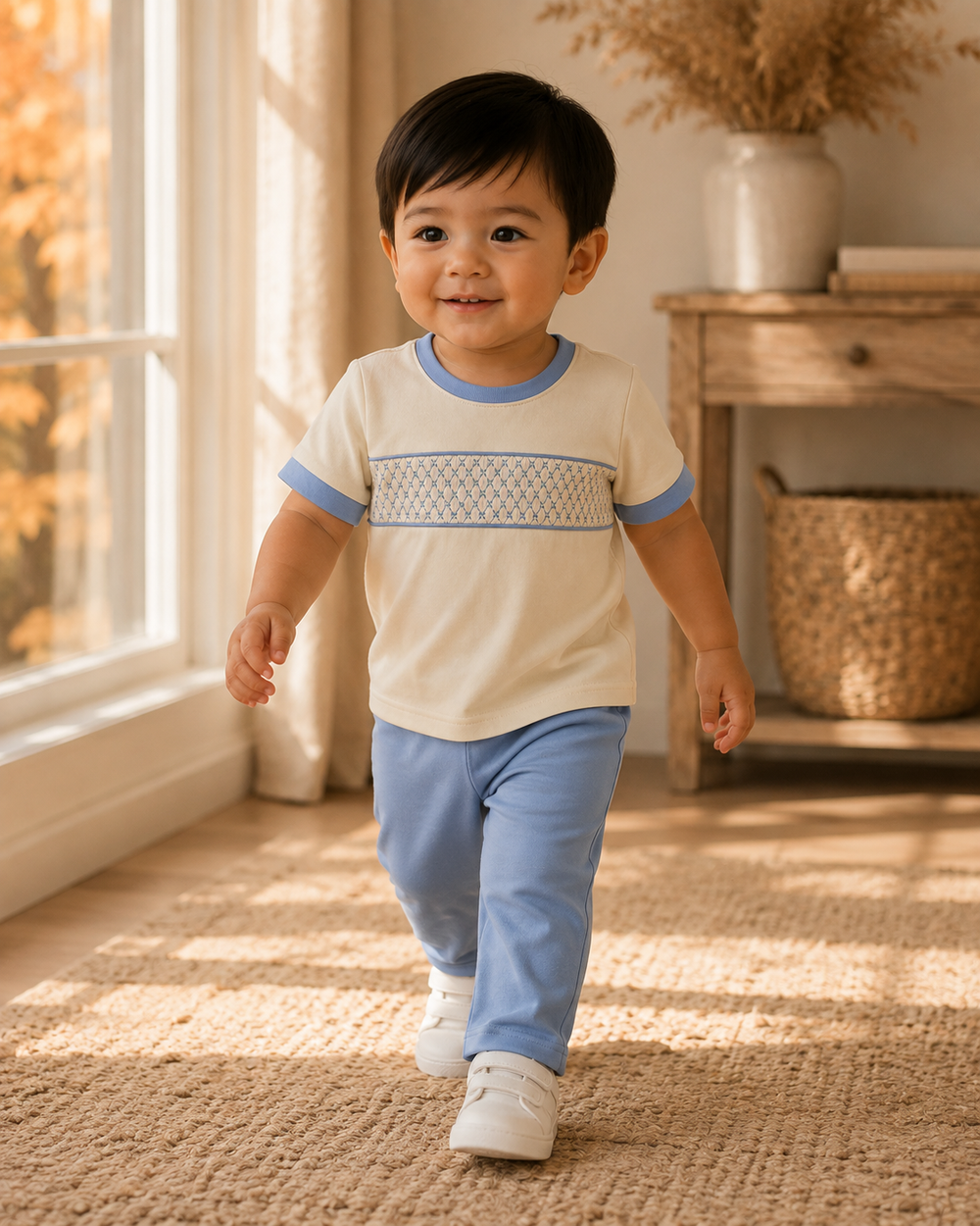 Toddler wearing cream short-sleeve smocked shirt and light-blue pants set