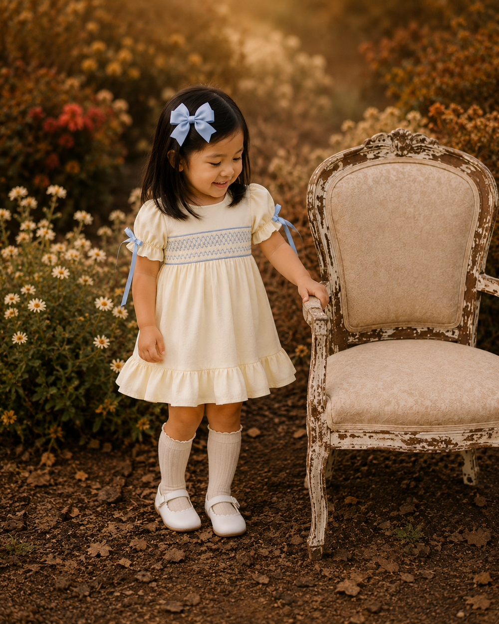 Cream smocked ruffle dress with light blue bow ties, tiered skirt and puff sleeves