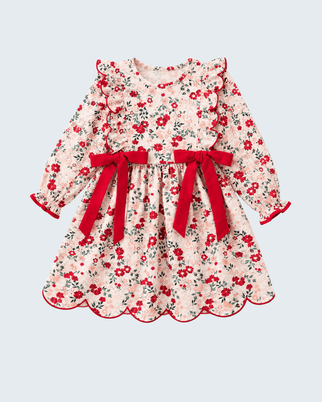 Girls floral twirl dress with red bows, long sleeves, scalloped hem
