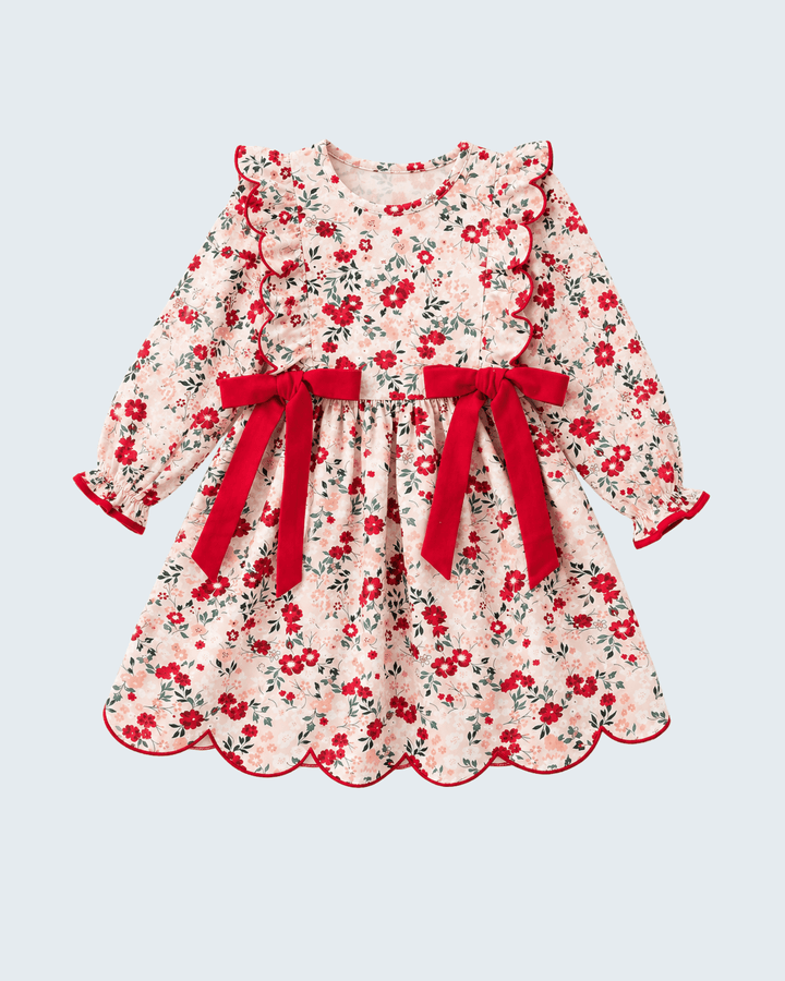 Girls floral twirl dress with red bows, long sleeves, scalloped hem