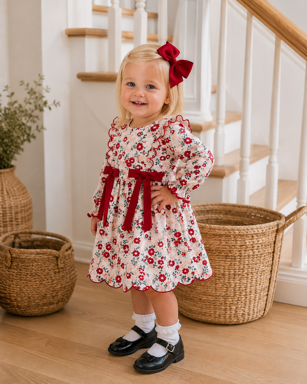 Girls floral dress with large red bow at neckline and skirt, long sleeves