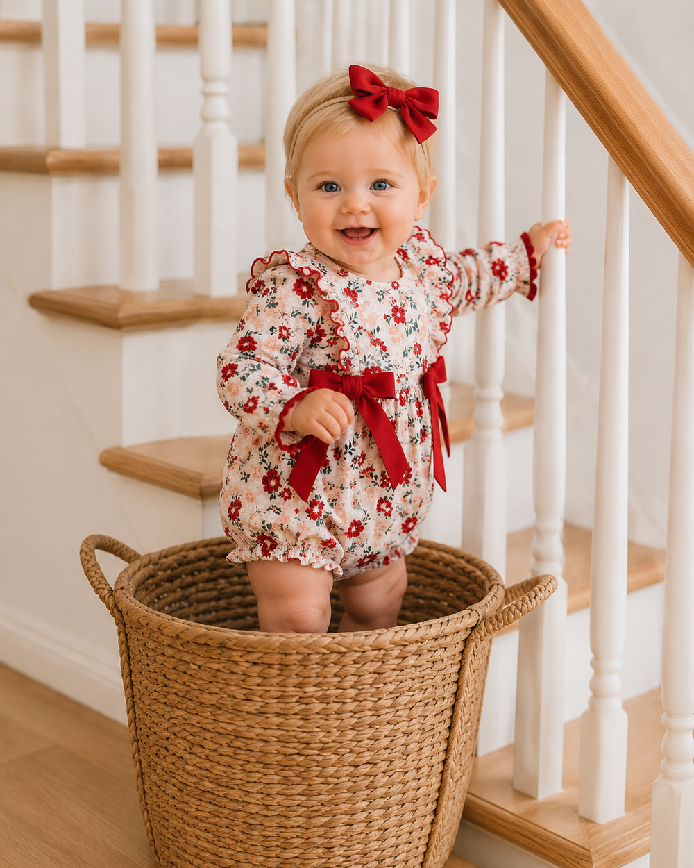 Floral ruffle bow romper on toddler, red flower print with red bow waist and sleeves