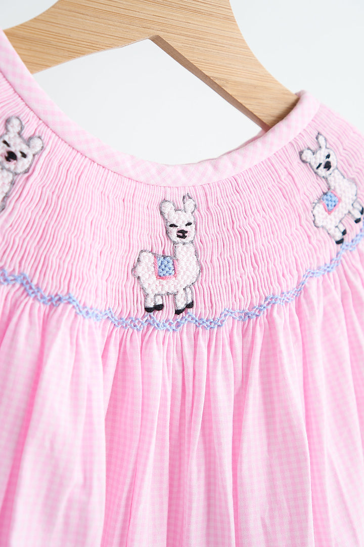 Pink Alpaca Hand Smocked Gingham Romper
