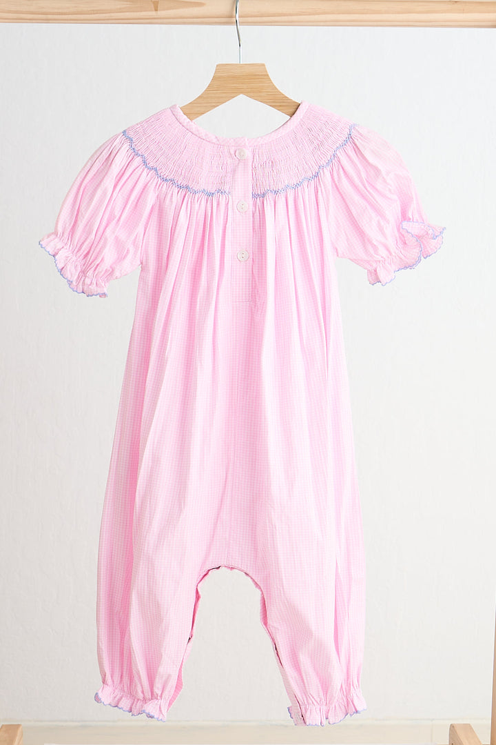 Pink Alpaca Hand Smocked Gingham Romper