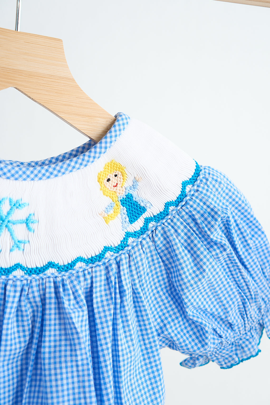 Blue Snow Princess Hand Smocked Gingham Romper