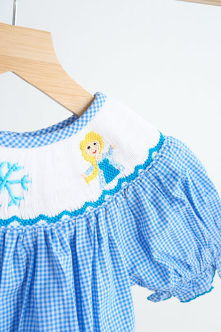 Blue Snow Princess Hand Smocked Gingham Romper