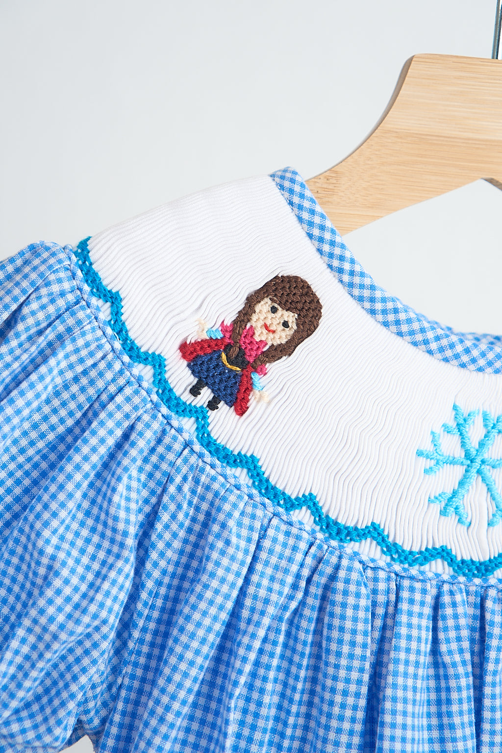 Blue Snow Princess Hand Smocked Gingham Romper