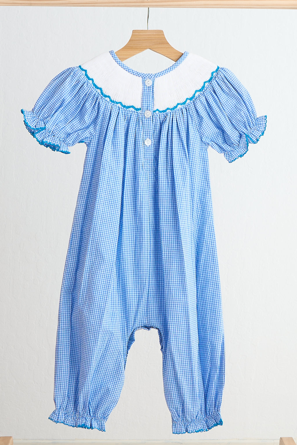 Blue Snow Princess Hand Smocked Gingham Romper