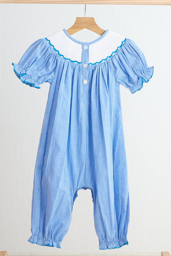 Blue Snow Princess Hand Smocked Gingham Romper