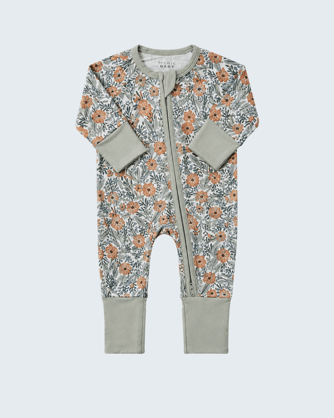 Bamboo zipper romper with orange floral print, long sleeves, gray cuffs and leg bands.