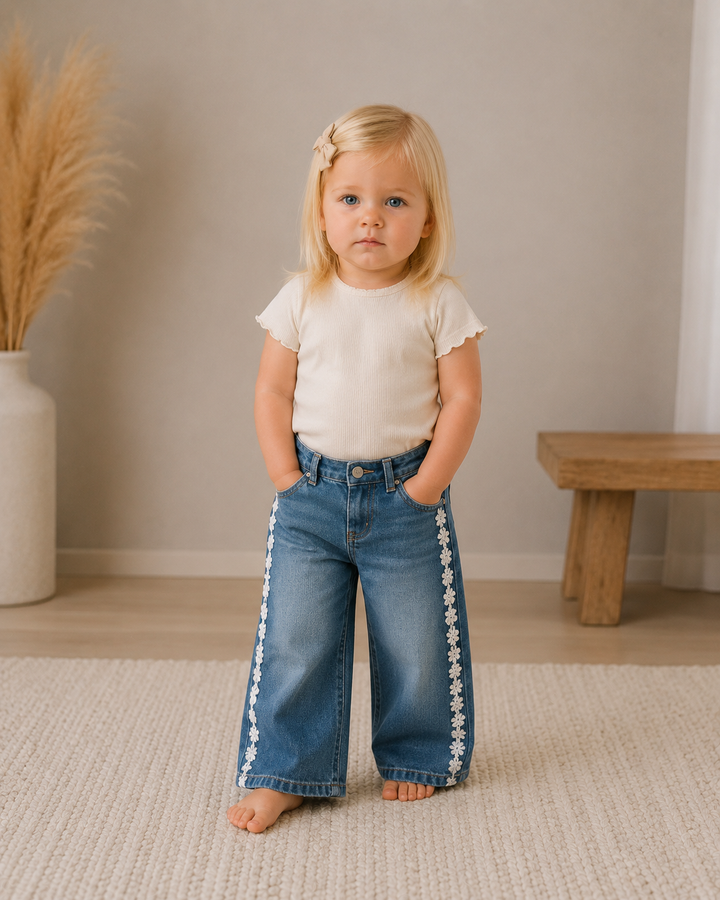 Toddler wide-leg denim jeans with daisy lace trim on the outer leg panels