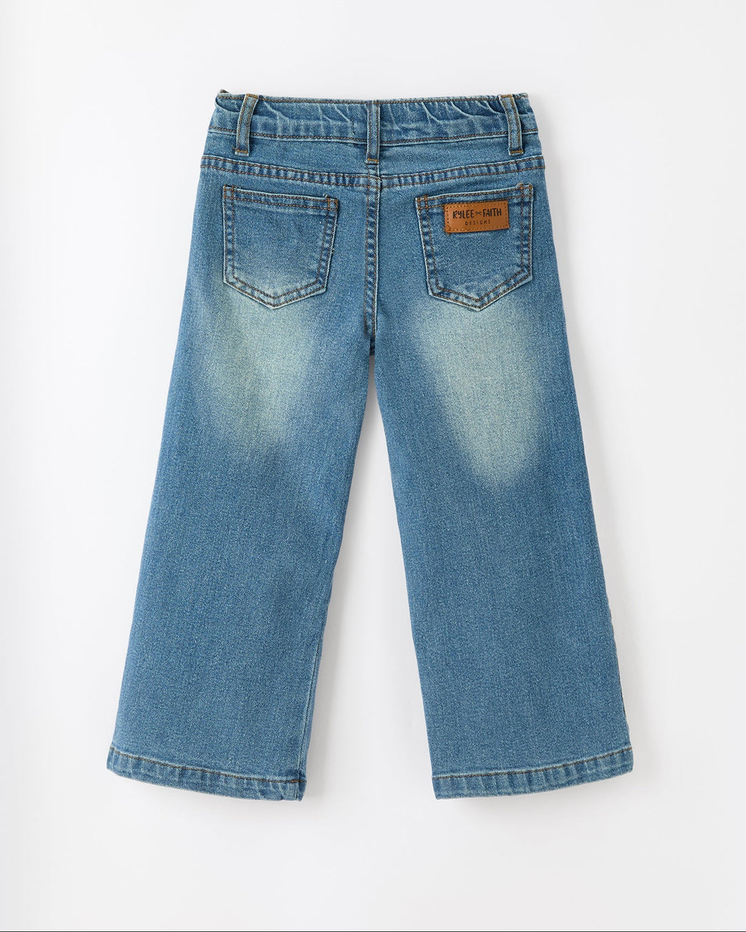 Girls wide-leg blue denim jeans with daisy lace trim hem and belt loops
