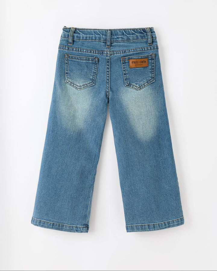 Girls wide-leg blue denim jeans with daisy lace trim hem and belt loops