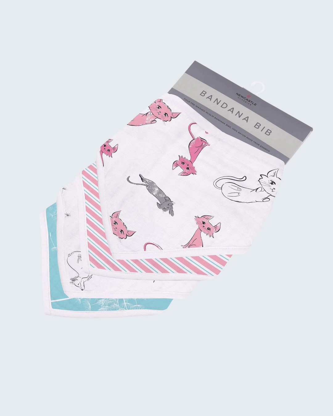 Set of bandana bibs with animal prints on a light blue background