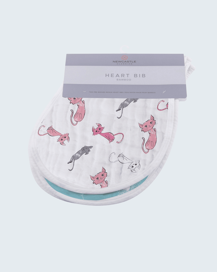 Heart bib with pink and gray cat designs on a white background