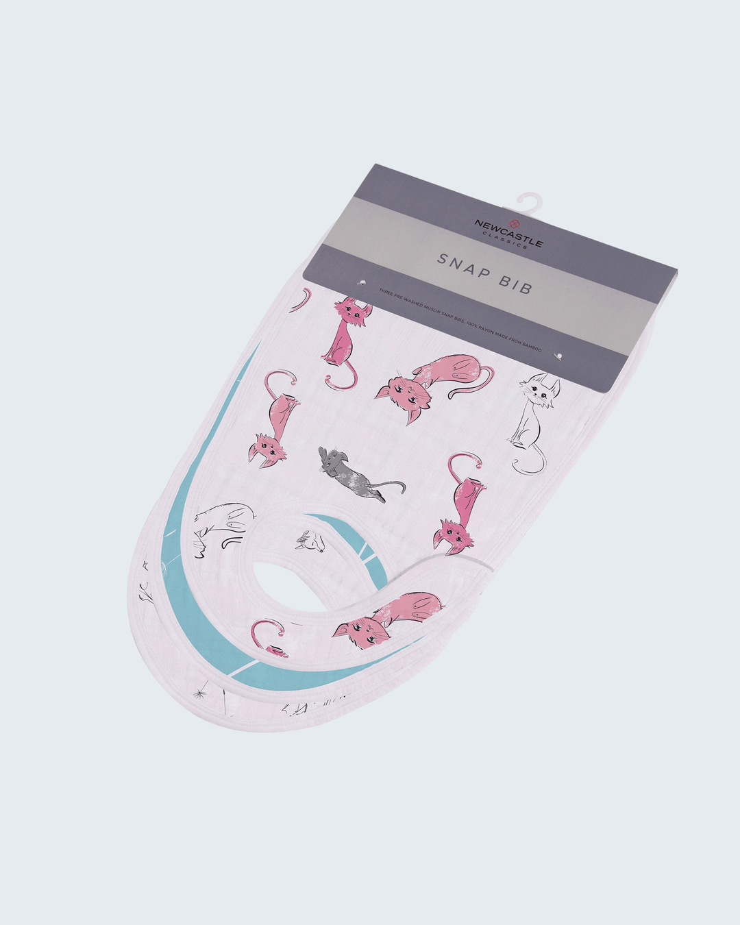 Baby bib with cat pattern on a light gray background