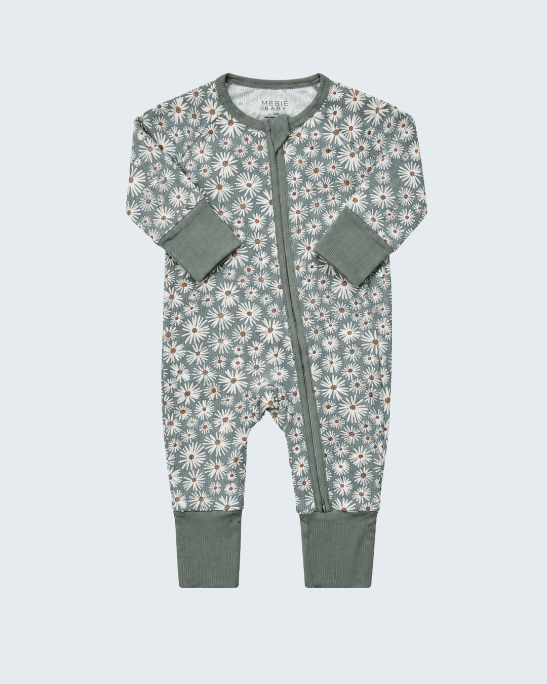 Daisy print zipper romper with long sleeves, dark green zip front and cuffs