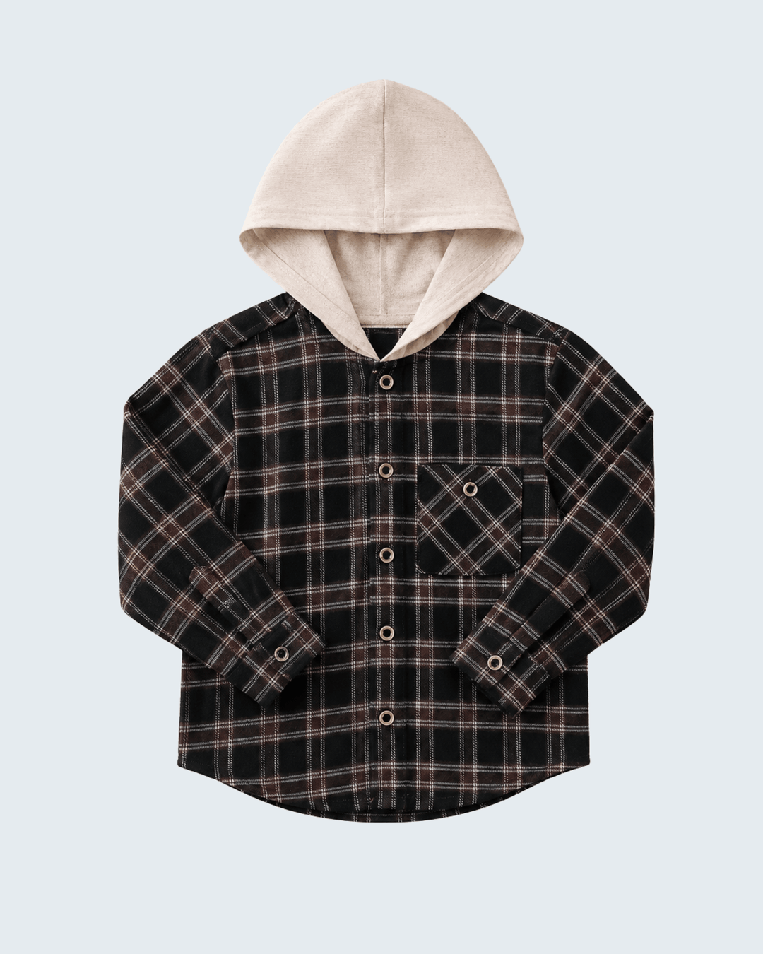 Dark plaid hooded button-up shirt with front buttons and chest patch pocket