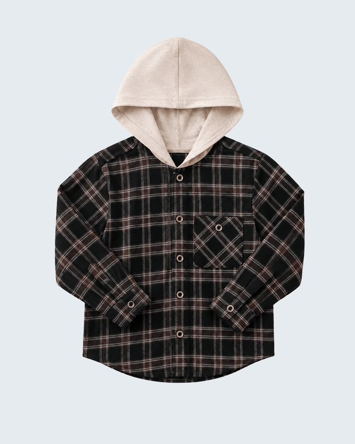 Dark plaid hooded button-up shirt with front buttons and chest patch pocket