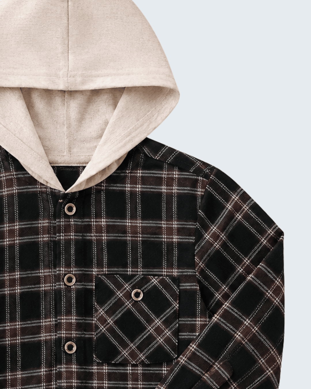 Dark plaid hooded button-up shirt with beige hood lining and button placket