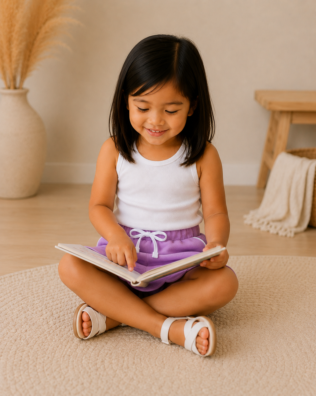 A young girl with dark hair sits cross-legged on a beige rug, reading a book. She is wearing a white ribbed tank top and purple skorts with a white drawstring, in a warm, neutral-toned room with a wooden stool and a vase in the background.