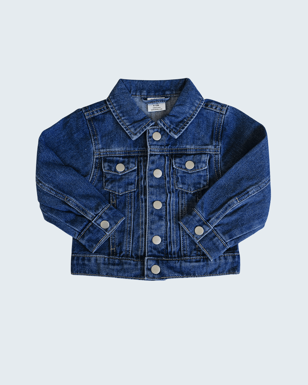 Dark wash denim jean jacket with button front and flap chest pockets