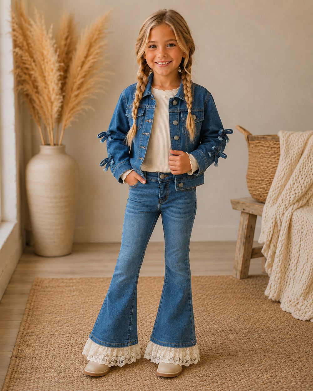 Blue denim bow-sleeve jacket with button front, pointed collar, chest pockets