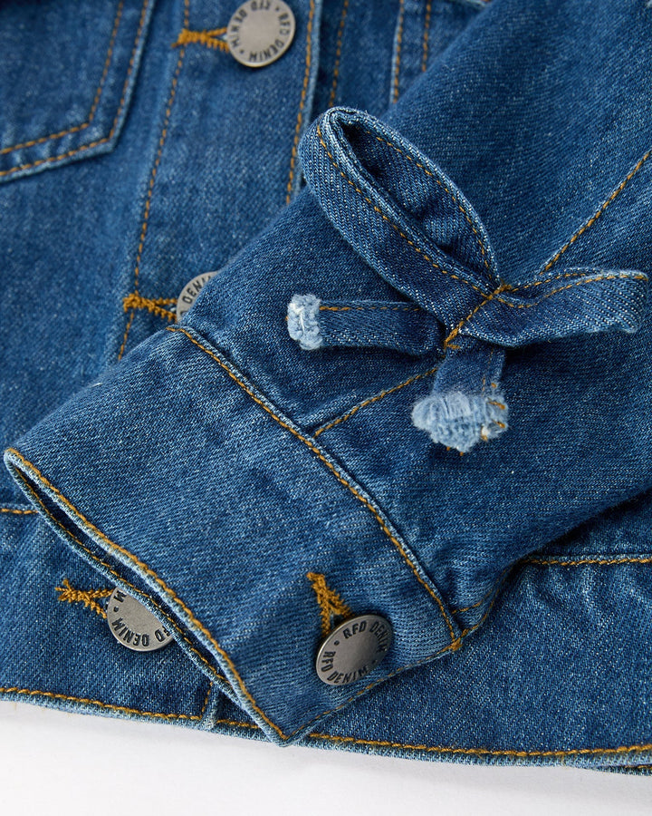 Girls blue denim jacket cuff with bow tie and detailed topstitching