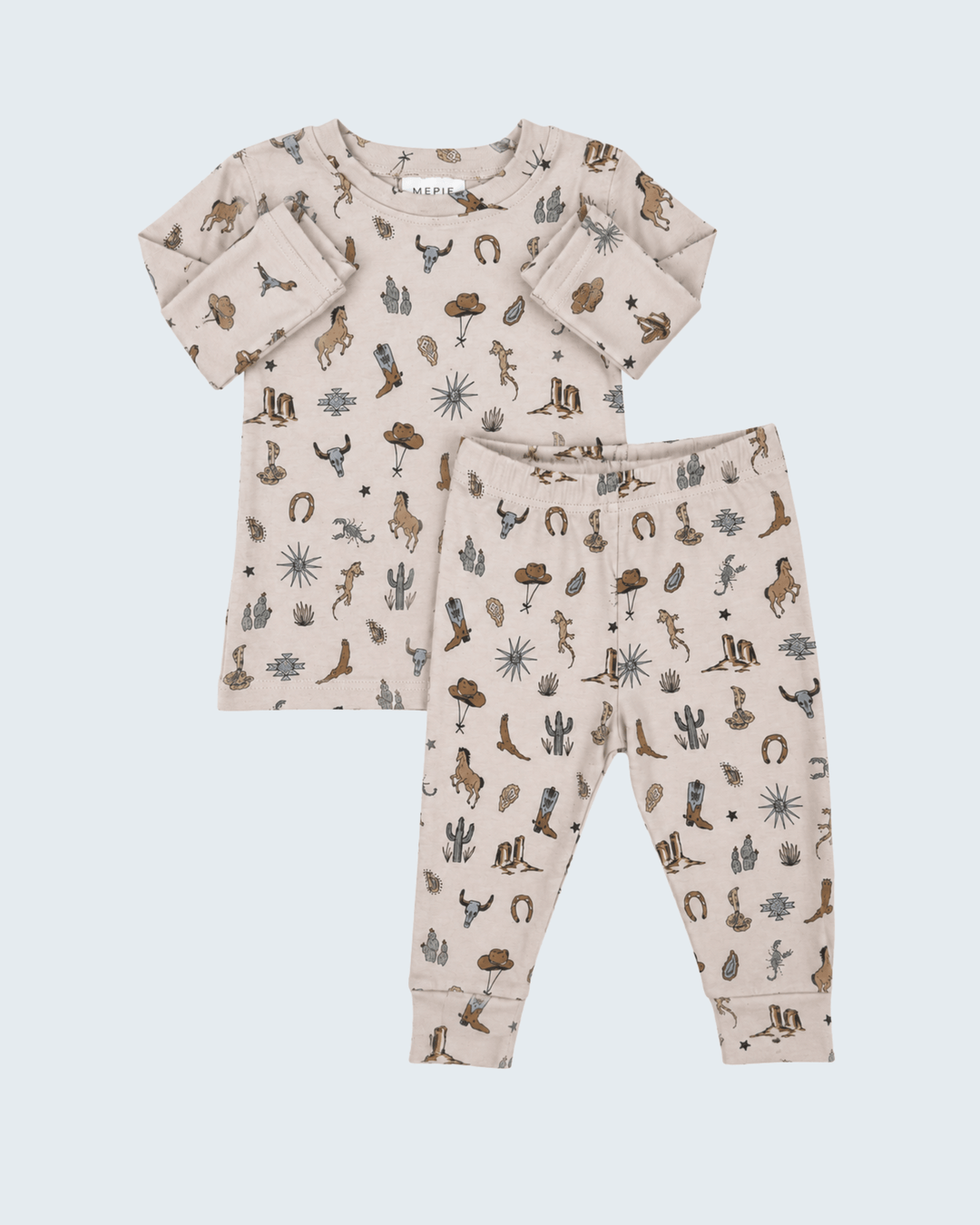 Cotton pajama set with long-sleeve top and pants, cream with desert animal print