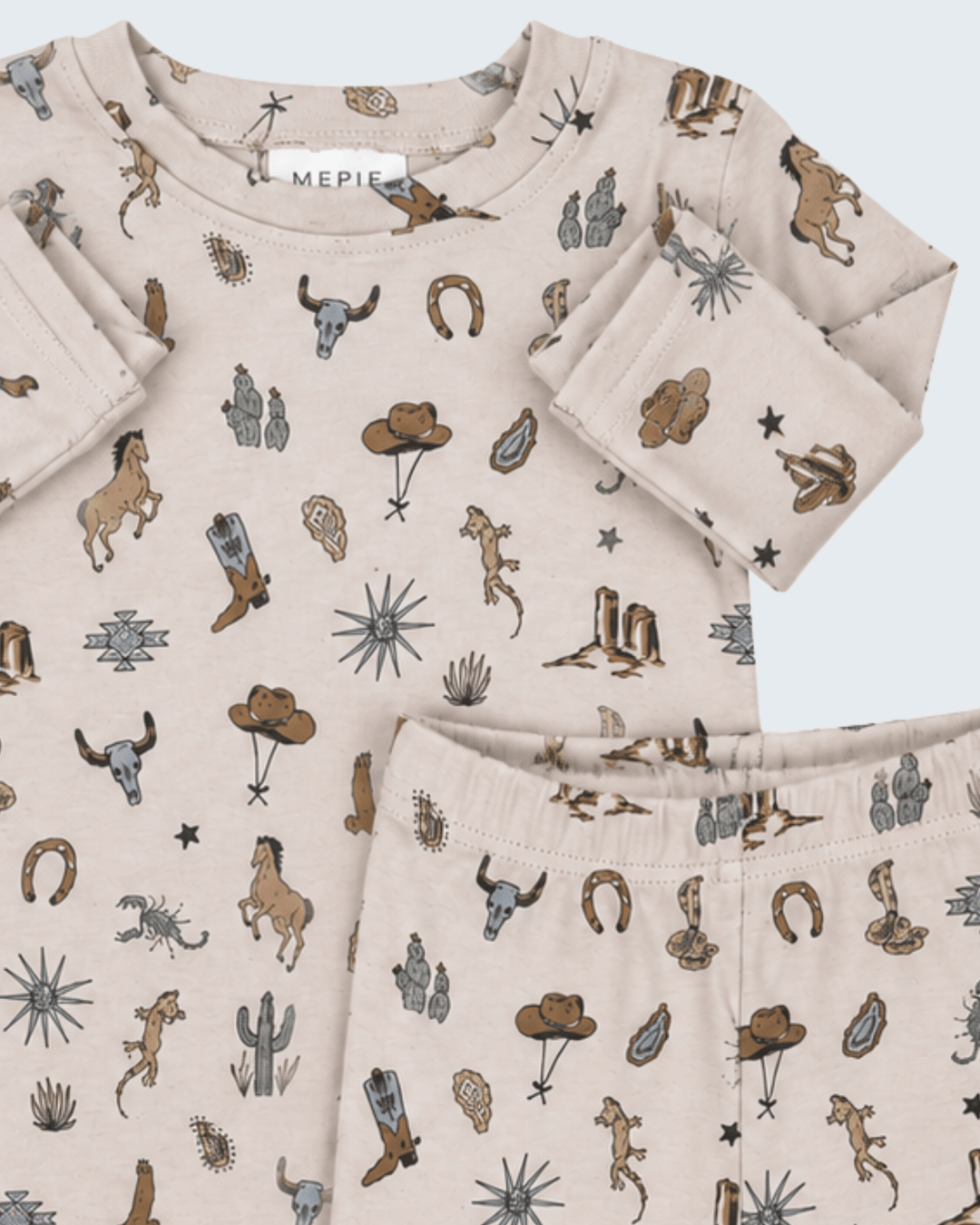 Cream cotton long-sleeve top and pants set with desert icons print, crew neck and cuffs