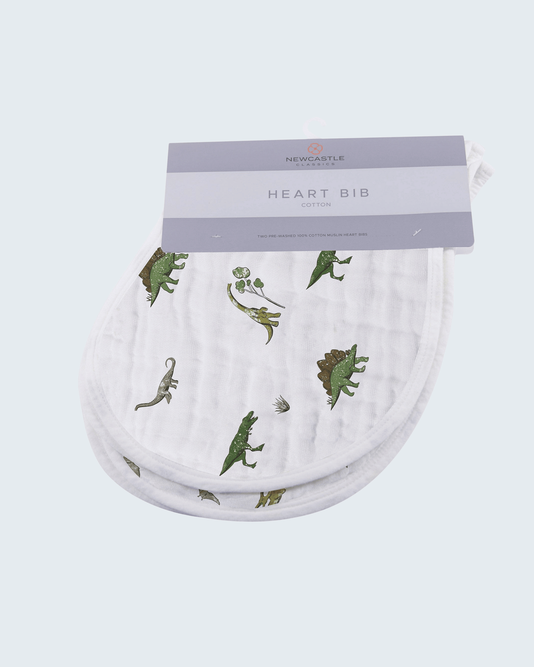 Heart bib with dinosaur pattern on a white background