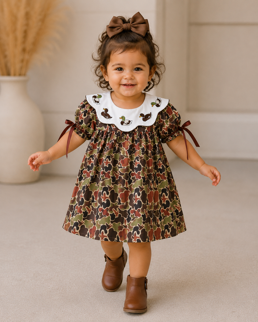 Child wearing a floral dress with a white collar and brown shoes, standing indoors.
