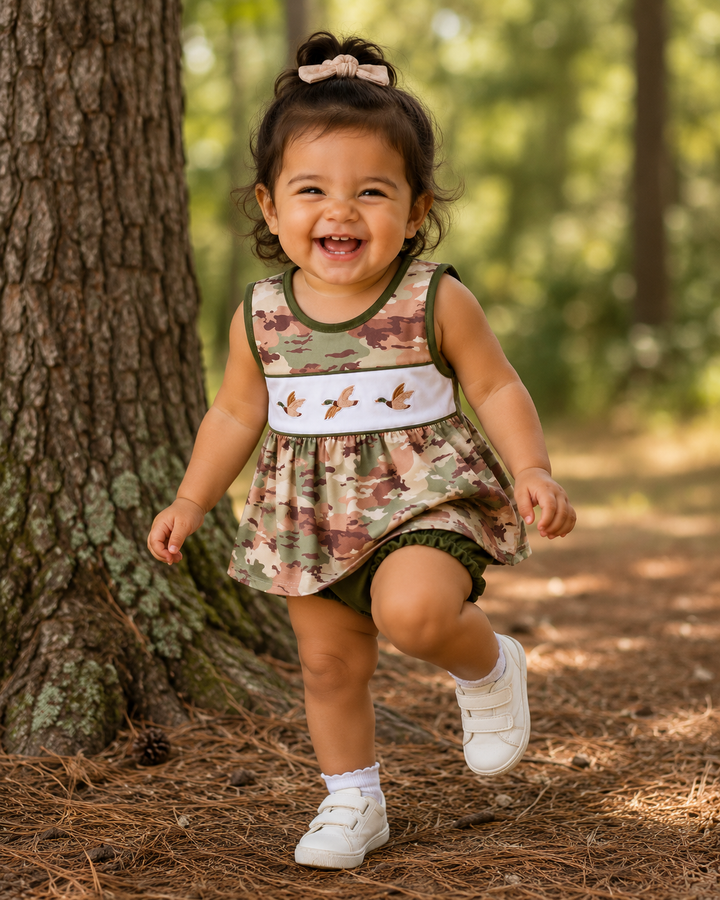 Child in a camouflage dress with nature-themed design standing in a forest setting
