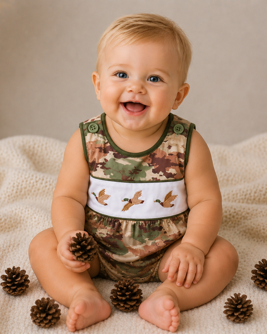 Baby wearing a camouflage outfit with bird design, sitting on a beige blanket with pinecones.