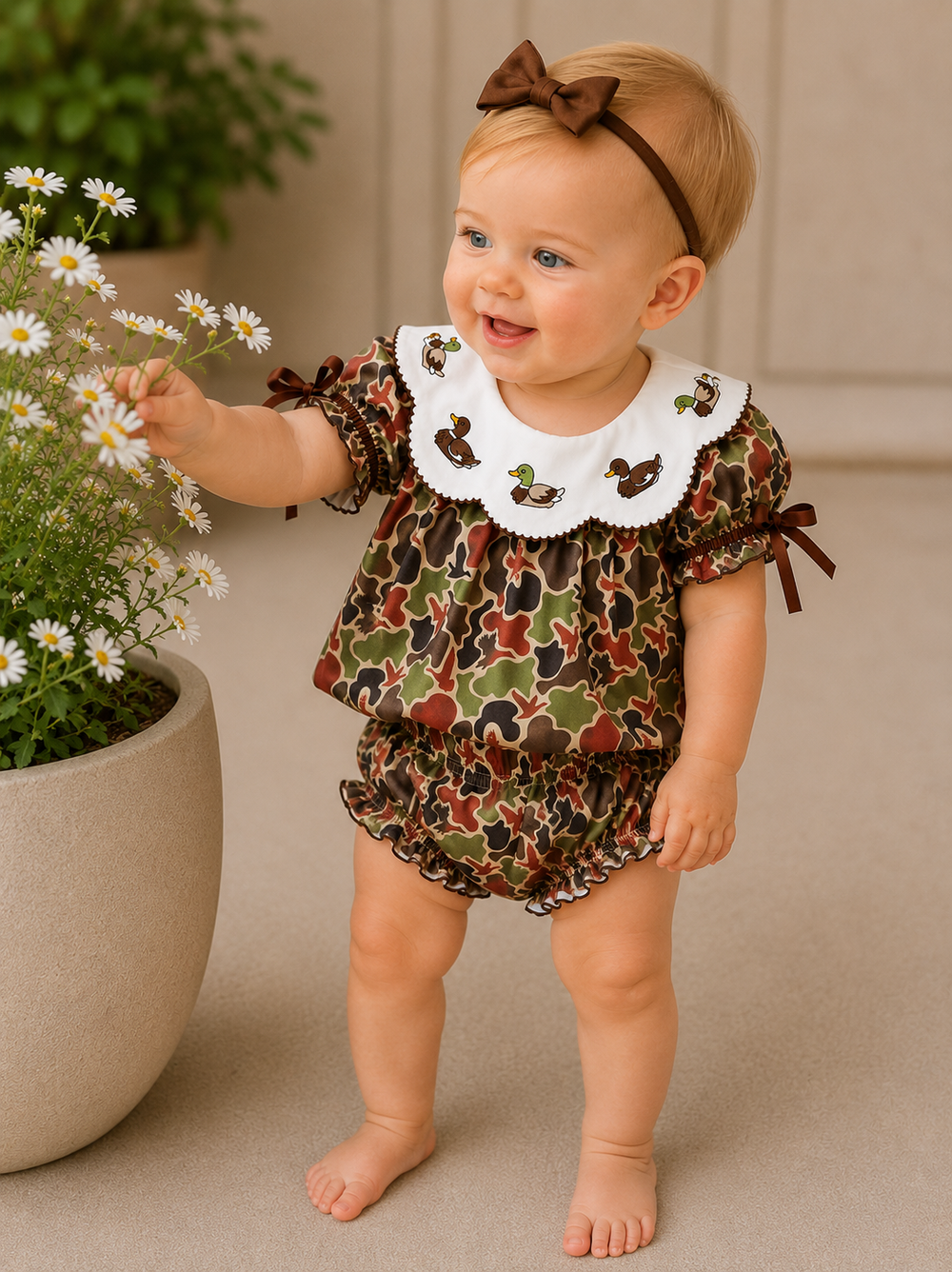 Baby in a camo outfit holding flowers indoors