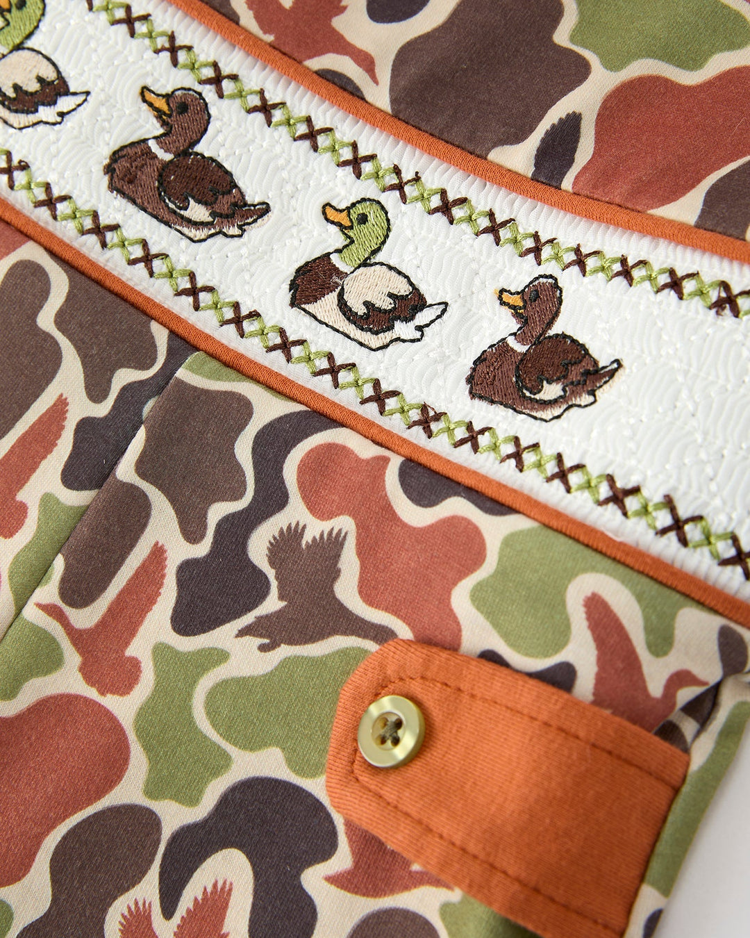 Close-up of a fabric with duck illustrations and camouflage pattern