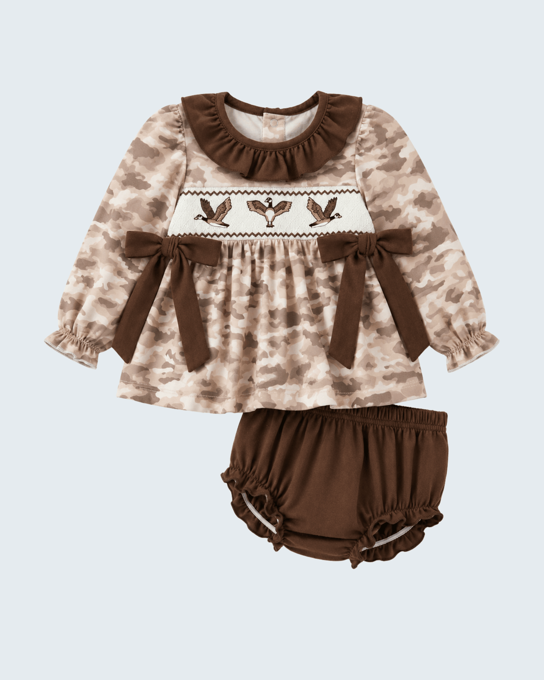 Duck Smocked Camo Bloomer Set on light grey background