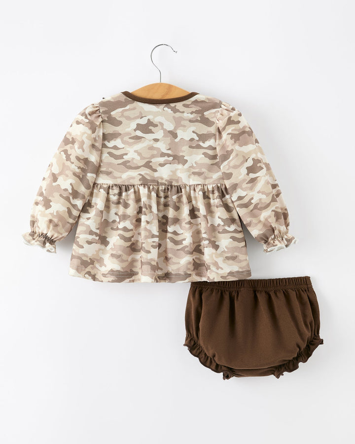 Camouflage top and brown bloomers on a white background