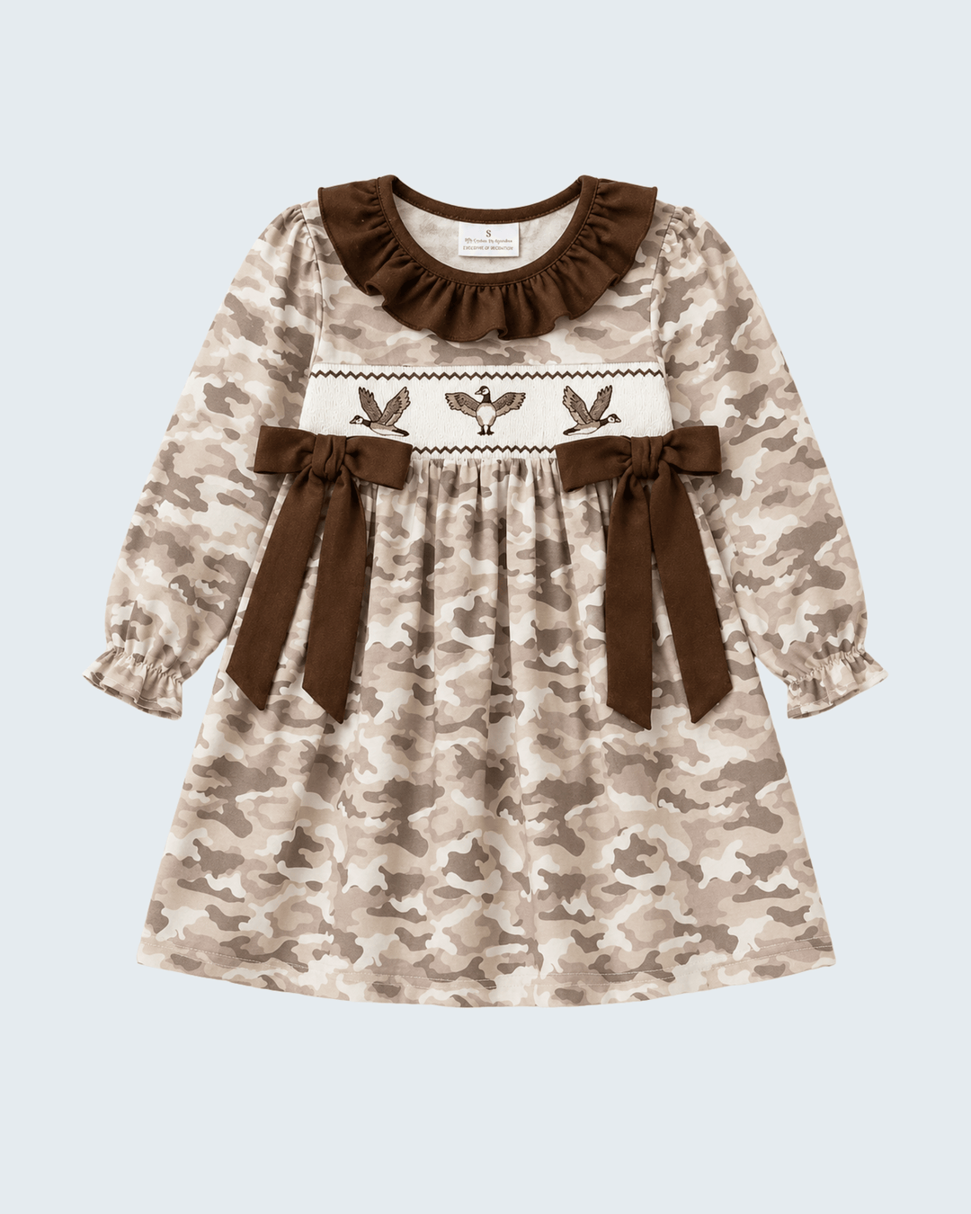 Camouflage-patterned dress with brown accents on a light blue background