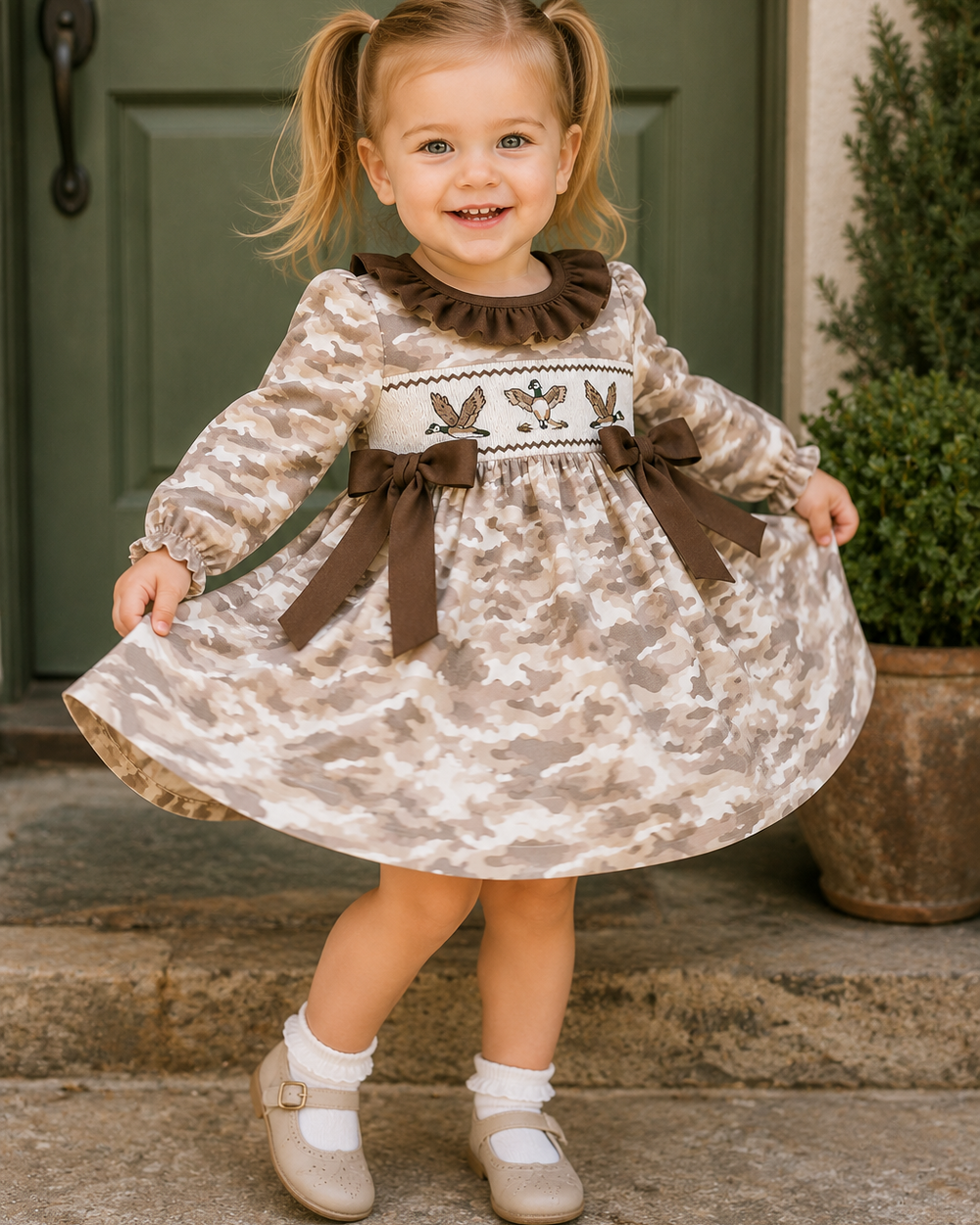 Young girl in a patterned dress with brown ribbons standing in front of a green door.